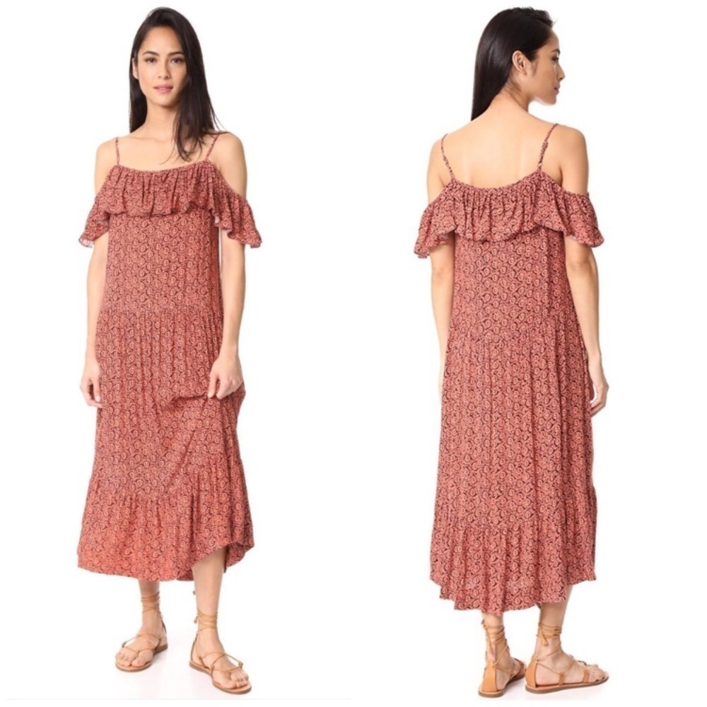 REBECCA MINKOFF Lapaz Midi Floral Print Drop Waist Dress in Melon